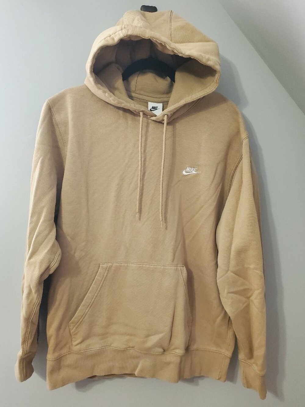 Nike Hoodie Men's Large Beige Pullover Fleece Sweatshirt Embroidered Logo